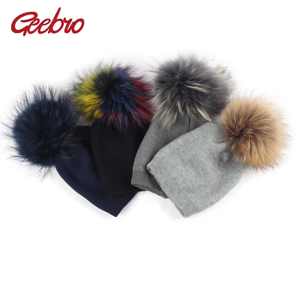 

Geebro Newborn Autumn Wool Skullies Beanie Baby with Raccoon Fur Pompom Boy Girl Slouchy Real Pompon Hat Winter Warm Fashion Cap