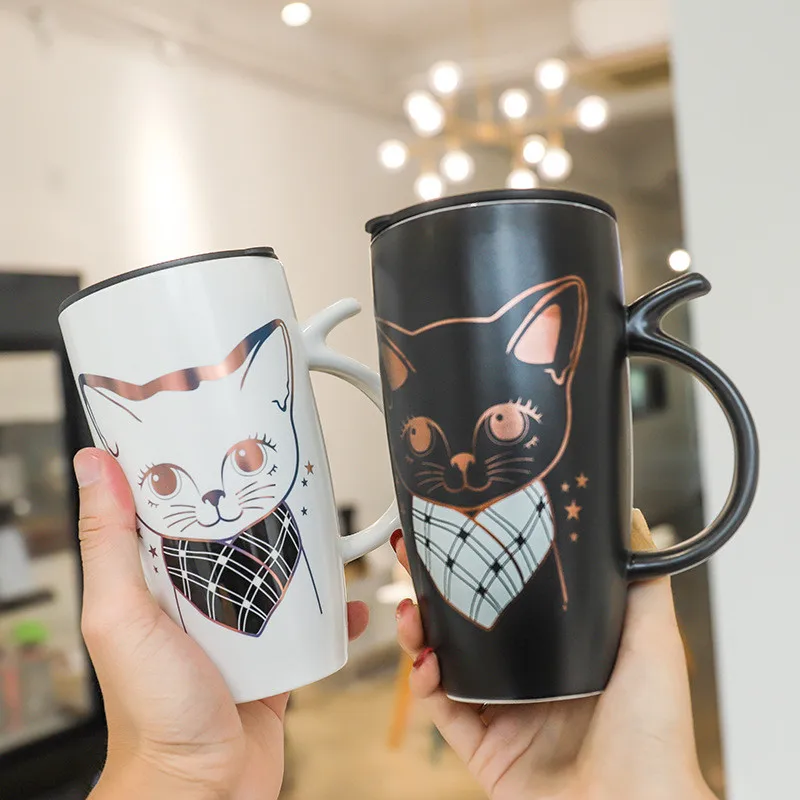 Large Black and White Cat Water Cup, Ceramic, Cute Cat Coffee Mug, Tall Animal Mug with Lid, Couple Cup, 640ml