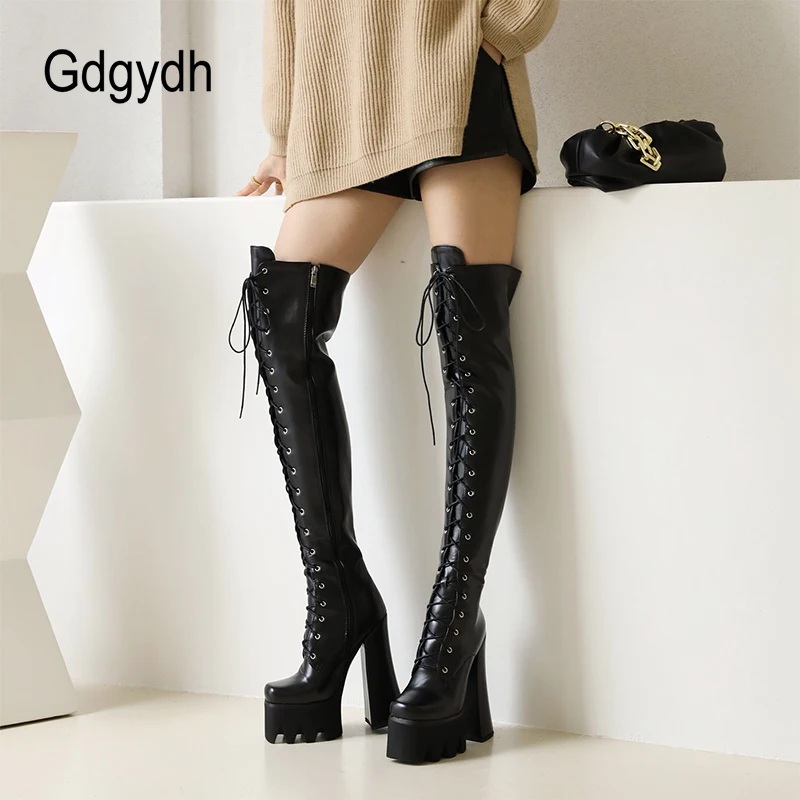 Gdgydh Front Lace Up Women Winter Boots Over The Knee Black Matter Leather Plus Size Lady Fashion Long Boots High Heels Platform