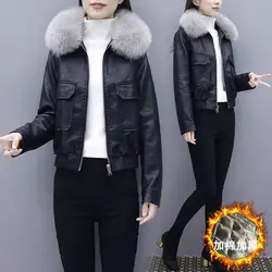 New Leather Jacket Women Autumn PU Leather Short Jacket Big Fur Collar Thick Black White Winter Coat Locomotive Clothing Female