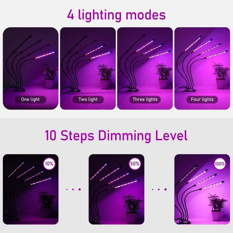 LED 식물 성장 조명, 밝기 조절 가능, 타이머 내장, 방수, USB 풀 스펙트럼 실내 꽃 채소 씨앗