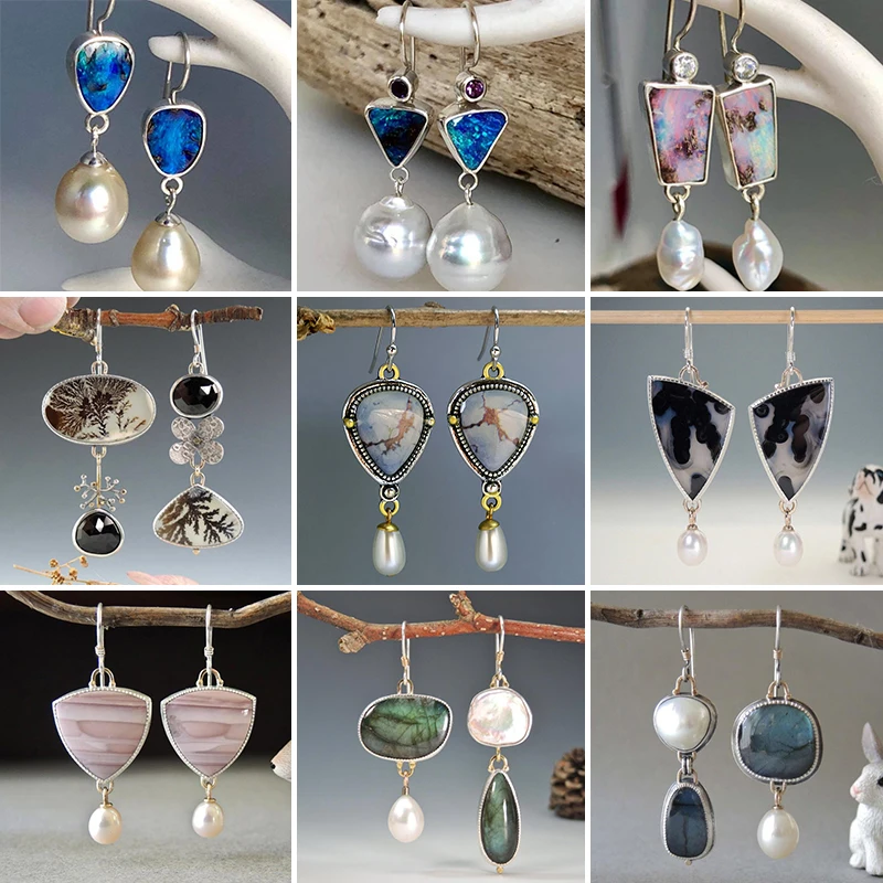 Bohemia Ethnic Pearl Statement Dangle Earrings for Women Wedding Party Jewelry Geometric Stone Hook Earring Charms Accessories