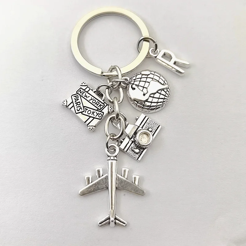 New 26 letter A-Z Tour Around The World Aircraft Keychain To The Earth Camera Small Pendant Keychain Commemorative Gift