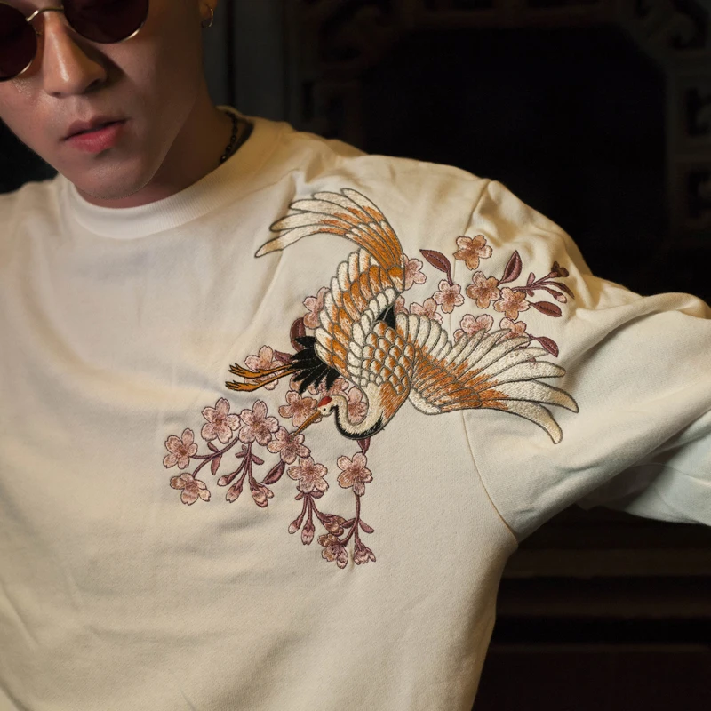 Red-crowned Crane Sakura Cherry Blossoms Embroidered Chinese Style Men Boys Pullover O-Neck Long Sleeve Tops Sweatshirt Fashion