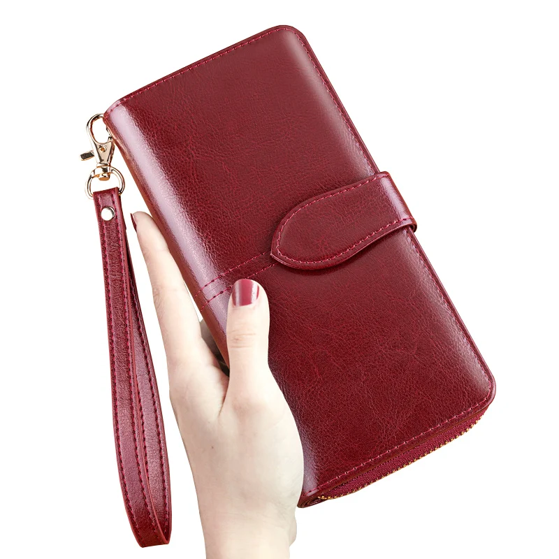 Women Wallet Genuine Leather Women Wallets Long Retro Oil Wax Leather Wristlet Clutch Ladies Phone Coin Purse Card Holder Wallet