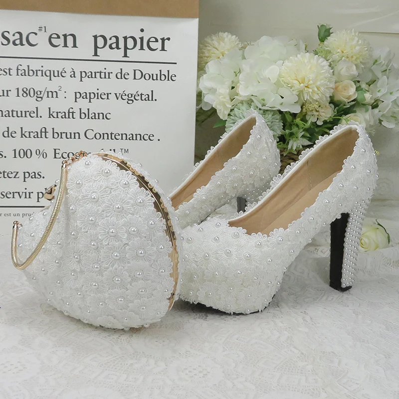 

BaoYaFang White Royal Blue Flower Wedding shoes and bags sets Ladies Platform shoes woman High heel shoes Thick Heel heart purse