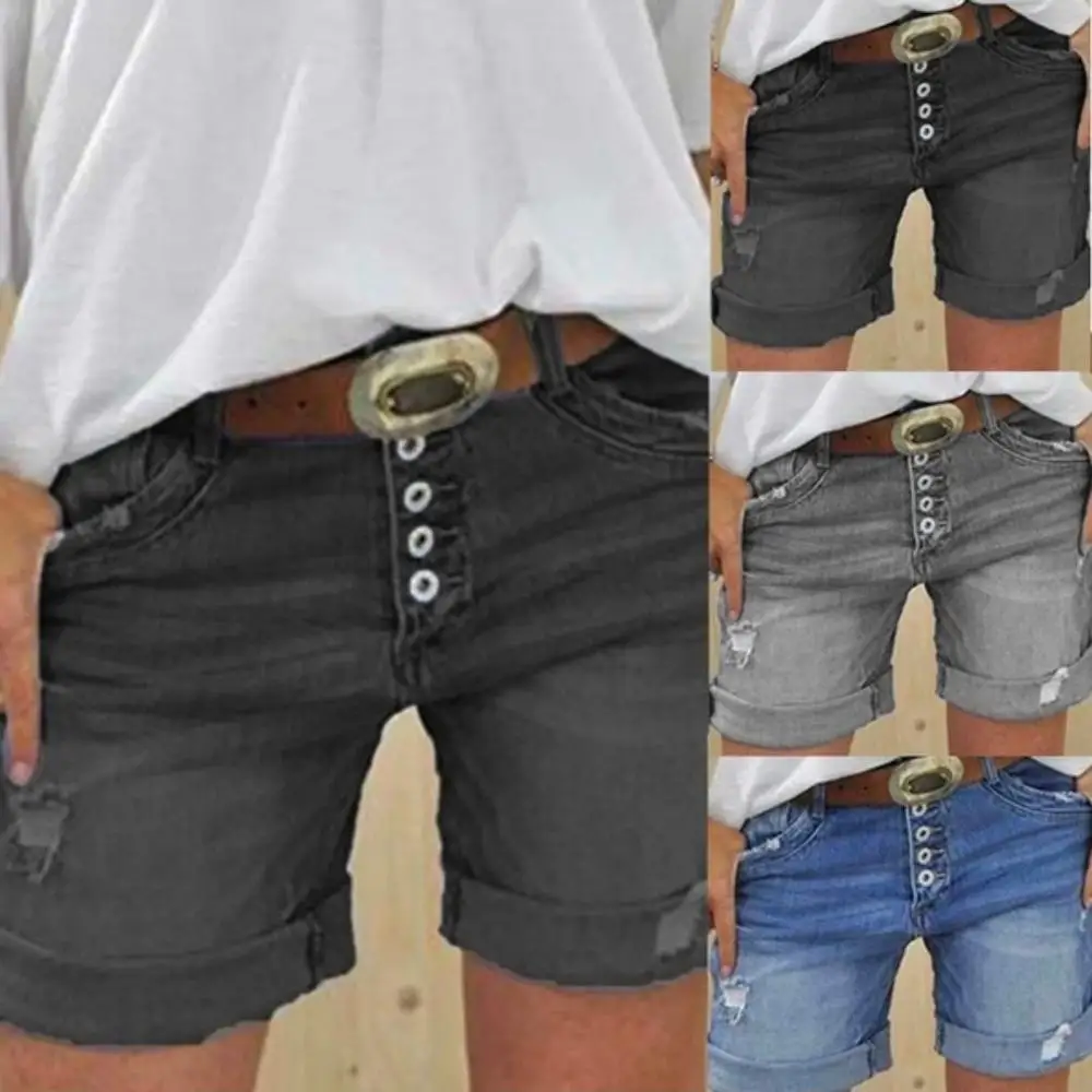 Women Summer Denim Shorts Sexy Ripped Hole Button Jeans Shorts Ladies Plus Size Regular Short Pants