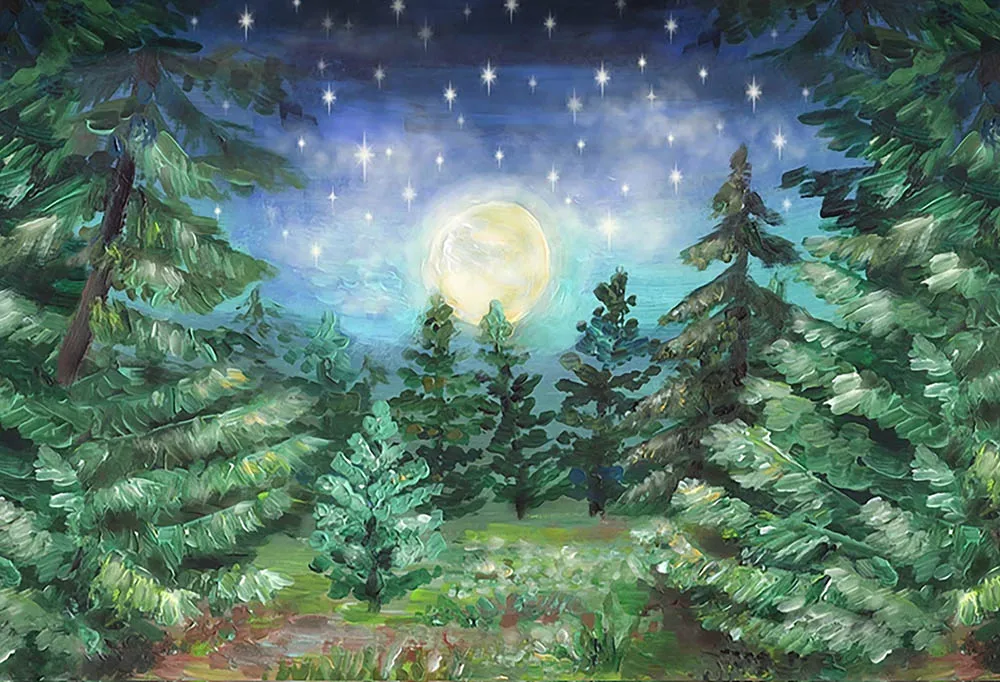 Fondo de fotografía de árbol de Navidad decorativo de noche oscura de luna grande de bosque fondo de fotografía de estrellas brillantes estudio fotográfico