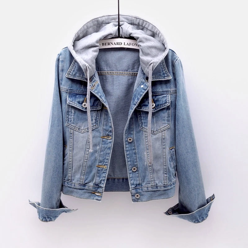 Vintage Blue Detachable Hooded Denim Jacket Women Slim Short Outerwear Frayed Big Pocket Long Sleeve Jeans Jacket Coat Female