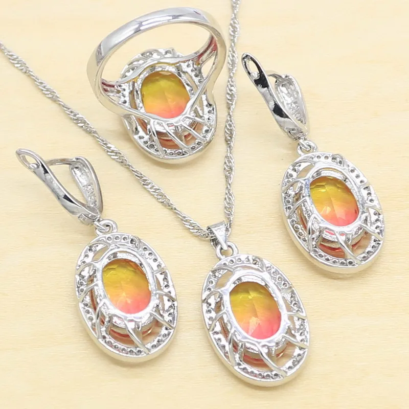 Gradient Red Semi-precious Silver Color Jewelry Sets for Women Earrings Bracelet Rings Necklace Pendant Gift Box