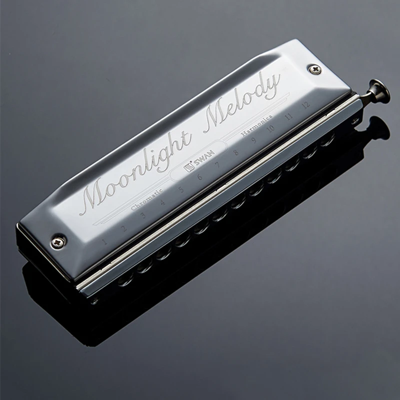 

Swan Chromatic Harmonica 12 Holes 48 Tone Gaitas Harmonicas Circular Arc Blow Hole Mouth Ogan Silver Chromatic Harmonica 12