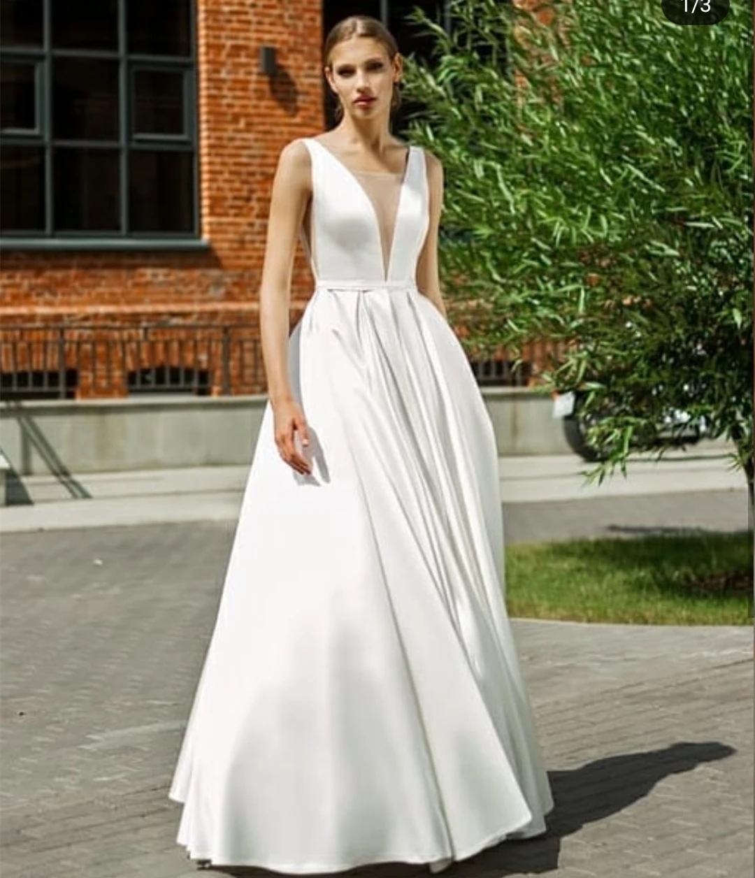 Vestido de novia de satén, prenda sencilla con escote en V profundo, Espalda descubierta, línea A, longitud hasta el suelo, elegante, a medida, con bolsillo, barato