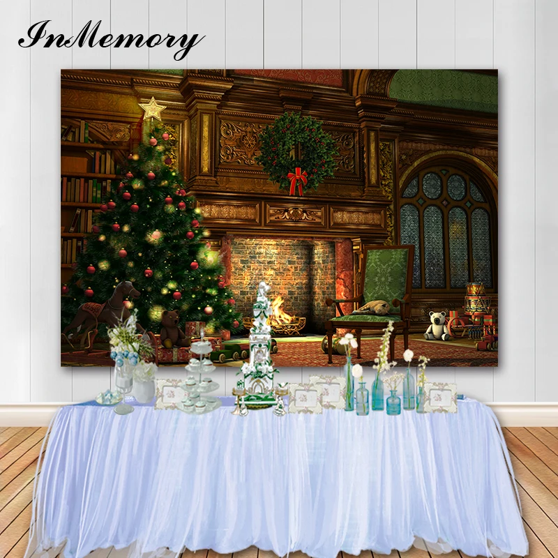 InMemory Vinyl Banner Fireplace Christmas Tree Family Holiday Party Photo Background Christmas Backdrop Photography Studio 7x5ft