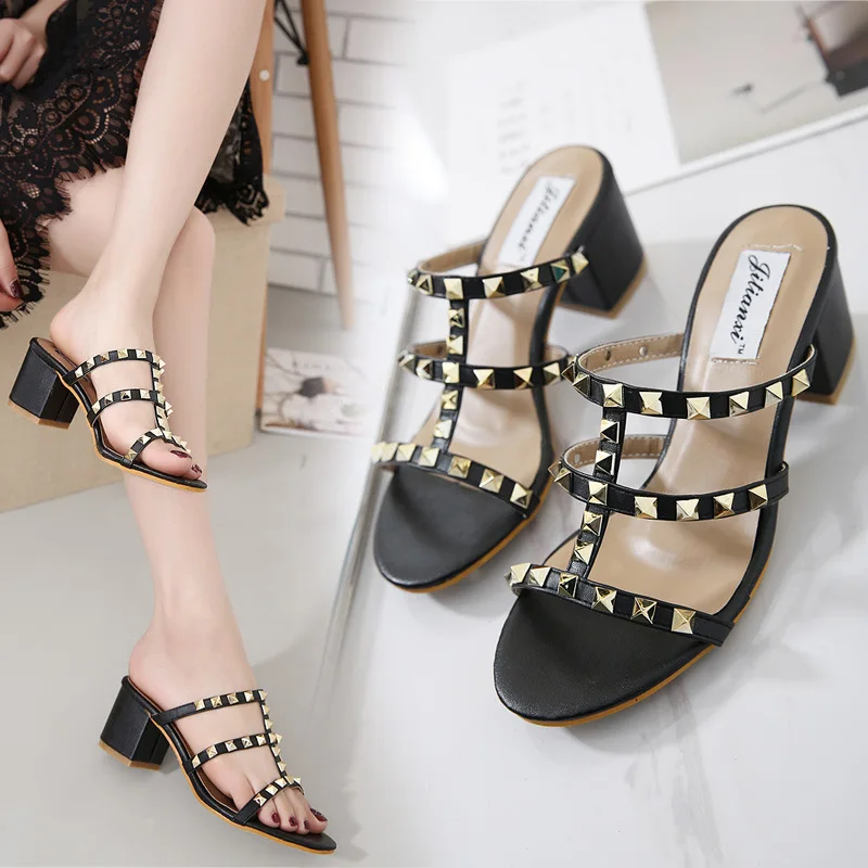 Women Summer fashion rivets black nude beige White PU leather Women lady hot sale Square heel 5cm  Casual sandal slip-on shoes