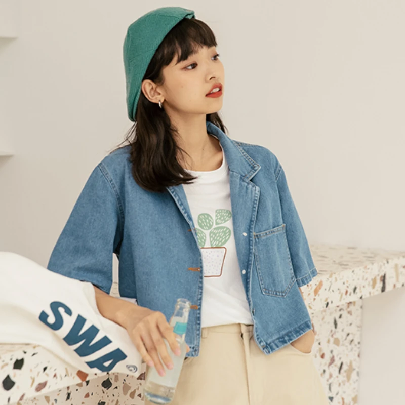 Jackets Vintage Women Denim Summer Crop Fashion Hong Kong Style Casual Tops Short Sleeve Turn-down Collar Party Harajuku Girls