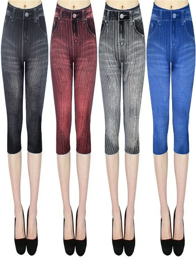 

VISNXGI New Faux Jeans Leggings Women Stretch Printed Short Calf-Length Pants Summer Breeches High Waist Jeggings Slim Clothing