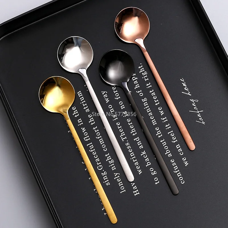 Long Handle Coffee Stirring Spoon 304 Stainless Steel Small Soup Spoon Dessert Spoon Creative European Style Ice Cream Spoon