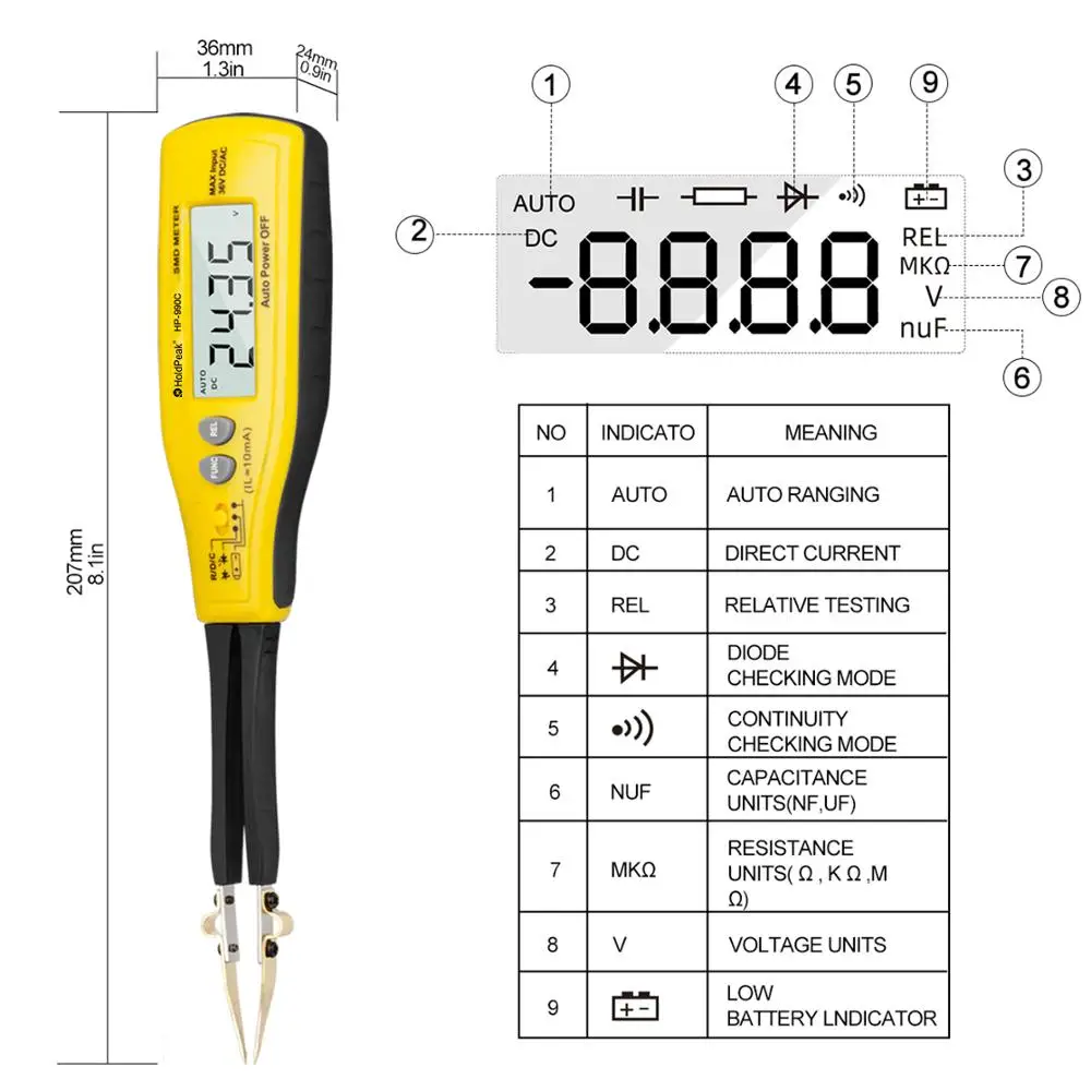 Digital SMD Tester, Capacitance and Resistance Meter with Diode/Battery Test, Carry Box Included, HoldPeak HP-990C