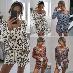 Conjunto de pijama leopardo feminino, loungewear, pijama sexy, roupa de dormir, roupa de casa feminina, outono, 2021