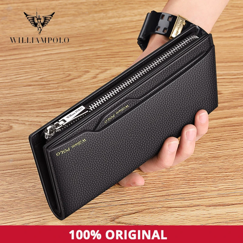 WILLIAMPOLO Long Wallet Men Clutch Bag With Strap Leather Men\'s Phone Credit Card Luxury Removable Card Holder Walet PL191469