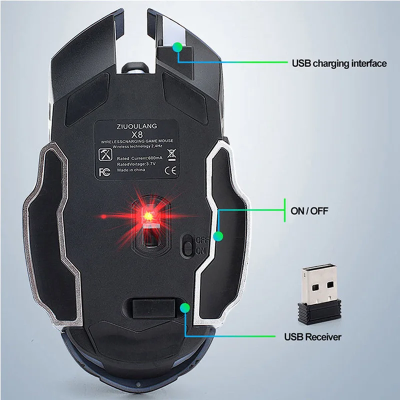 X8 Mouse Da Gioco Wireless Ricaricabile Silenzioso Retroilluminato A LED USB Ottico Ergonomico Mouse Da Gioco LOL Mouse Surf Gamer Mouse Per PC