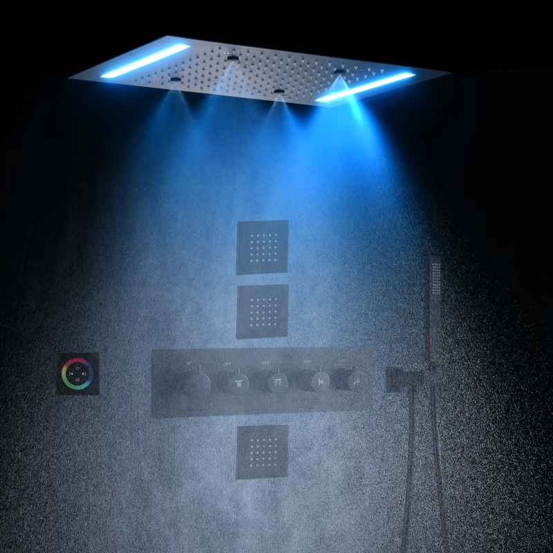 Matte Black Thermostatic Shower Faucet 14 X 20 Inch LED  Bathroom Rainfall Concealed Shower System