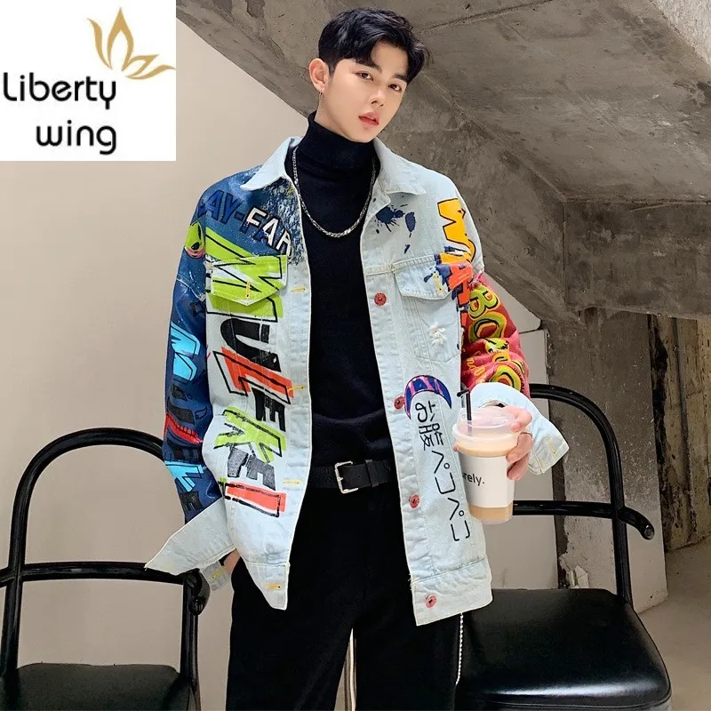 

Fashion Mens Hip Hop Loose Fit Graffiti Printed Denim Casual Streetwear Outwear Jeans Coat Cowboy Light Blue Jacket