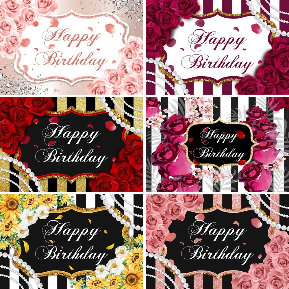 

Happy Birthday Stripes Flowers Photography Backdrops Glitter Balloon Diamond Adult Birthday Party Photo Background Banner Props