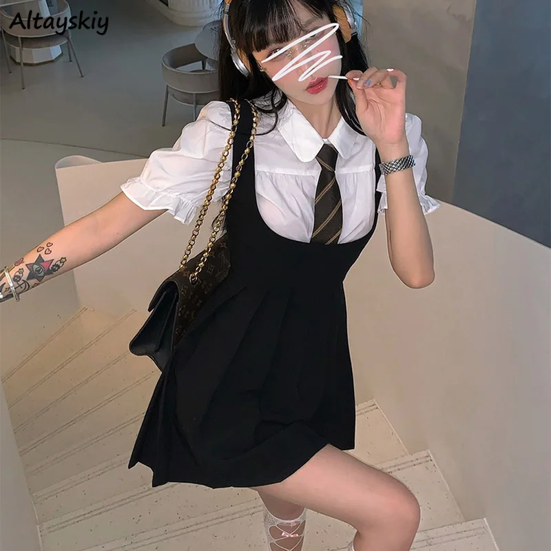 Women Dress Sets Preppy Style Slim High Street Girl Sweet Ins Puff Sleeve Shirts Pleated Dresses Student Harajuku Ulzzang JK Hot