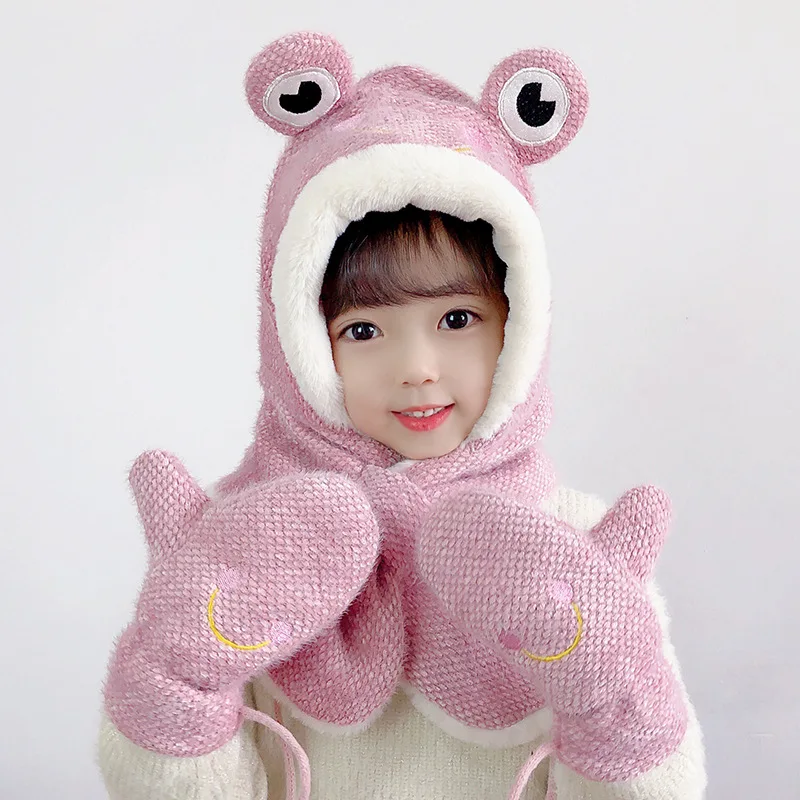 Winter Hat Scarf Gloves 2 Pieces For Children Boys Girls Gorra Winter Warm Fluffy Caps Lovely Frog Hats Scarves Gorros Invierno