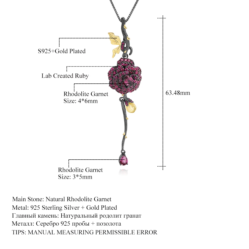 Gem\'s Ballet Black & 18K Goud Over 925 Zilveren Twee Tone Handgemaakte Rose Bloem Natuurlijke Rhodoliet Granaat Hanger Ketting voor Vrouwen