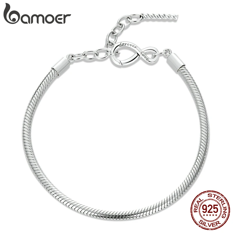 Bamoer Authentic 925 Sterling Silver Simple Infinity Bracelet for Women Forever Love Snake Chain Bracelet Silver Jewelry Gift