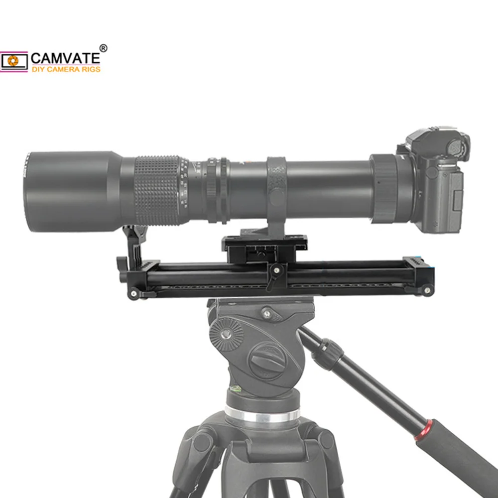 Piastra QR CAMVATE Manfrotto con piastra ponte inferiore e guida scorrevole a doppia asta da 15mm e supporto obiettivo progettato per riprese a fuoco lungo