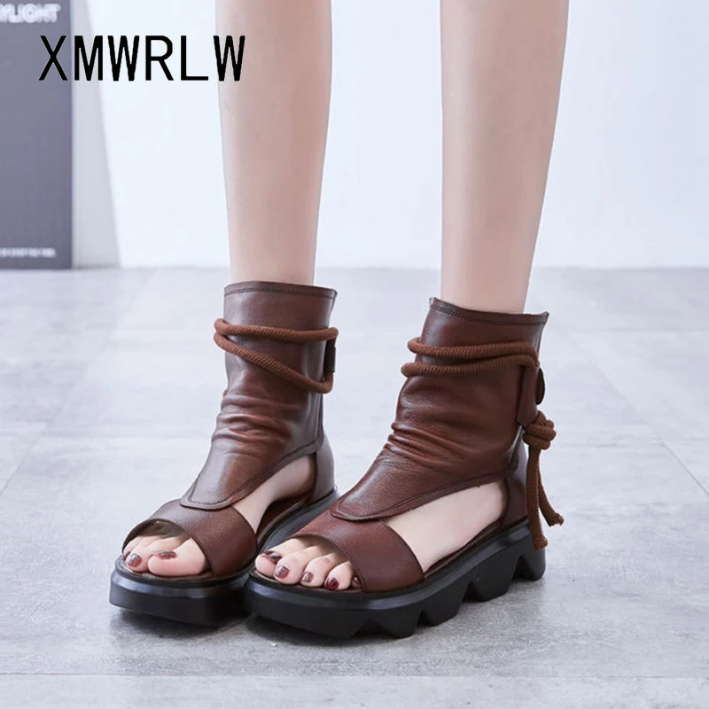 

XMWRLW Women's Boots 2020 Summer Genuine Leather Ladies Handmade Shoes Retro Style Women Ankle Boots Comfortable Summer Shoes
