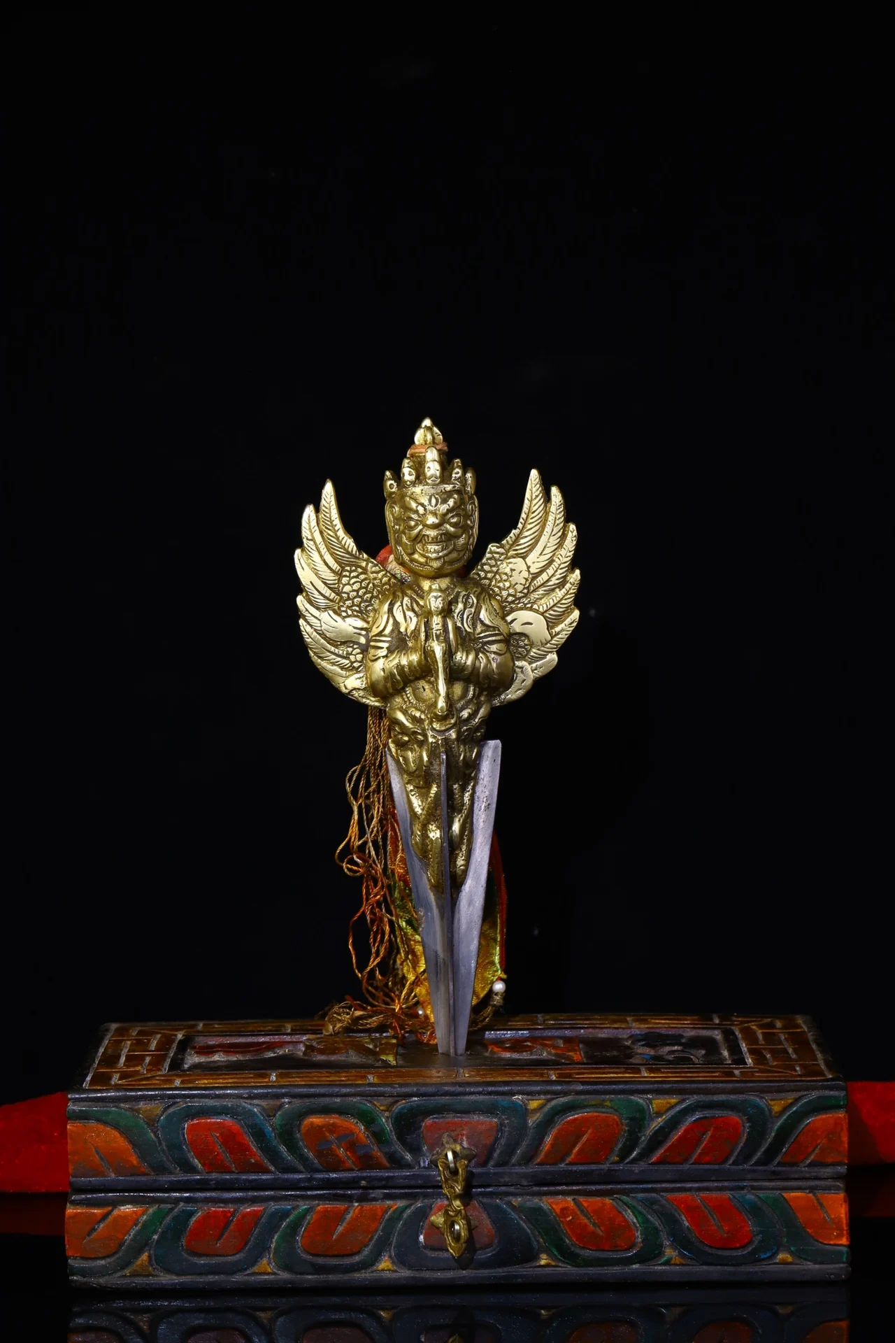 

12"Tibetan Temple Collection Old Bronze Cinnabar GARUDA Puba Vajra Buddha Vajra Phurpa Box Worship Hall Town house