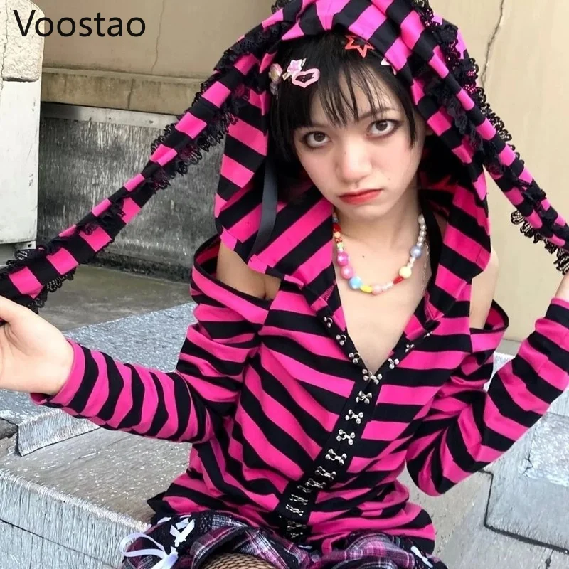 Spring Autumn Harajuku Punk Hoodies Women Gothic Long Sleeve Off Shoulder Striped Long Ears Hooded Sweatshirts Girly Y2K Coats