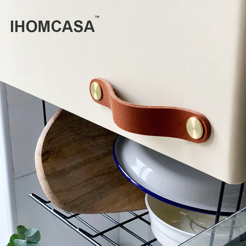 IHOMCASA Nordic Style Wardrobe Drawer Door Pull Genuine Leather Handle Kitchen Cabinet Handles Furniture Cowhide Knob Hardware