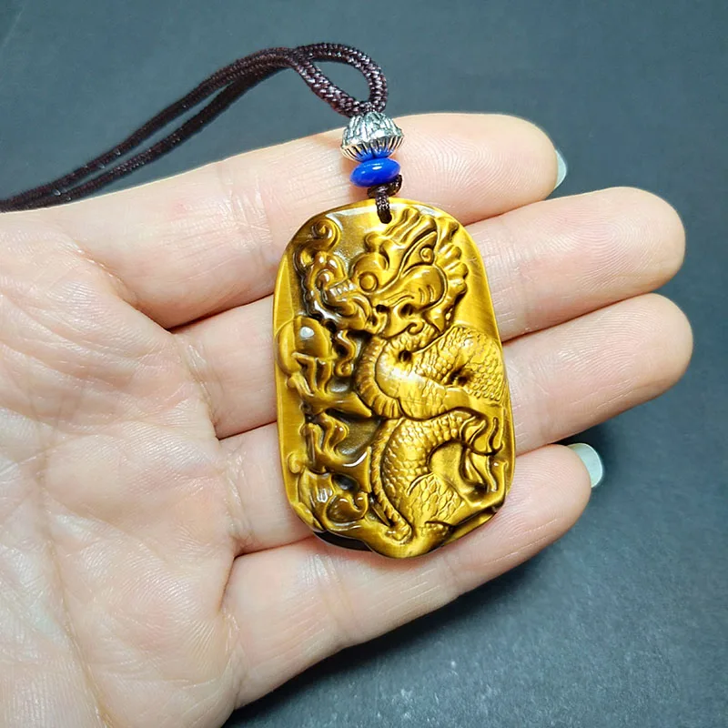 QIANXU Drachen Halskette Anhänger Tiger Auge Stein Jade Anhänger Edelstein Schmuck Glück Amulett Schmuck Jade Schmuck