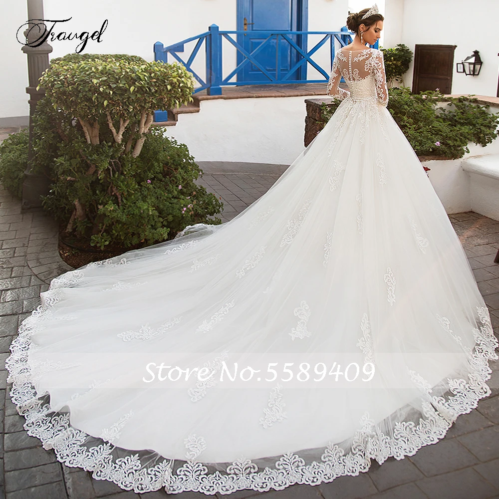 Traugel Scoop A Line Lace Wedding Dresses Elegant Applique Long Sleeve Button Bride Dress Cathedral Train Bridal Gown