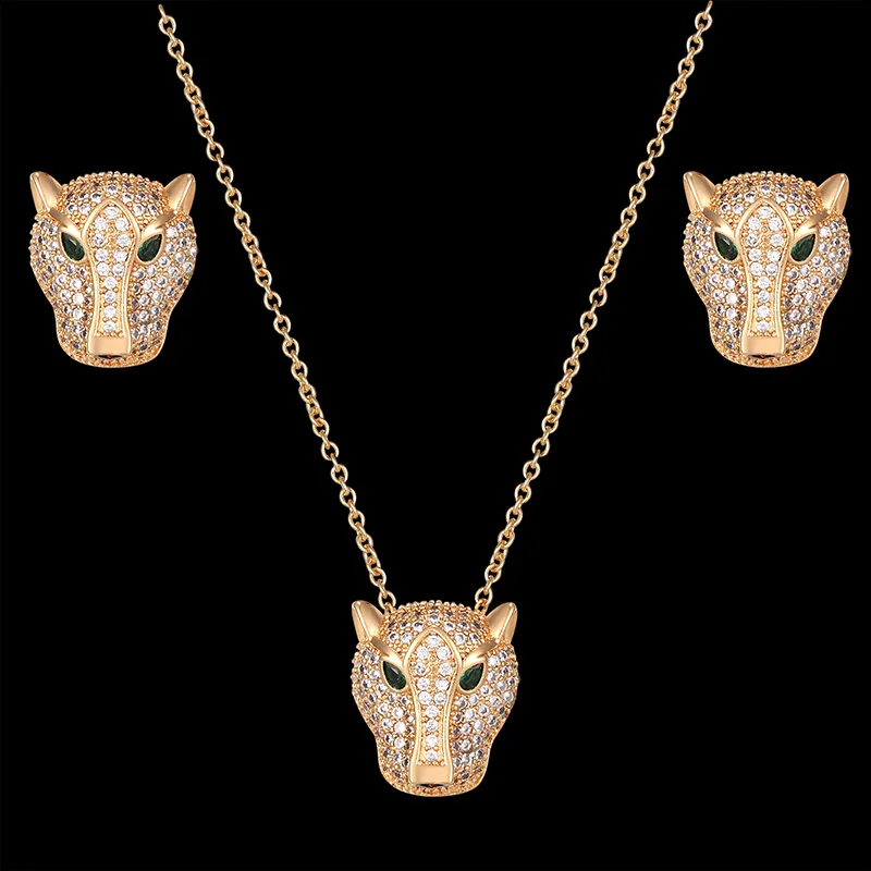 Lanruisha Luxury animal green eyes leopard pendant and Earring Jewelry Set full of zircon micro inlay fashion jewelry best gift