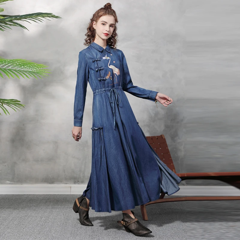 Vestido para mulher 2021 yuzi. may boho novo denim vestidos de gola virada para baixo vintage bordado sapo nó cordão vestidos a82360