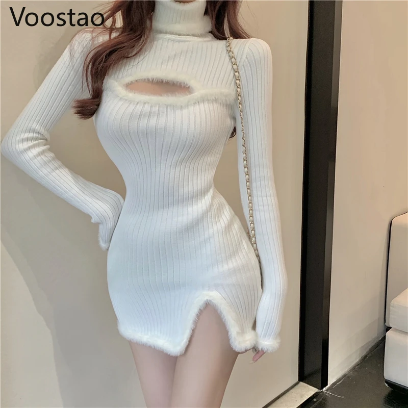 Spring Autumn Tight Split White Turtleneck Knitted Dress Mini Wrap Hip Sexy Slim Black Long Sleeve Hollow Out Sweater Vestidos