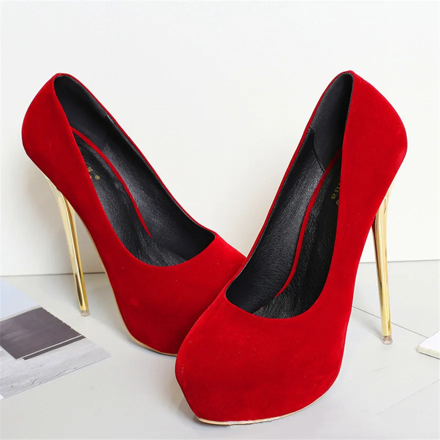 Women Red Wedding Shoes Autumn Fashion Platform Shallow Female Pumps Soft Flock Round Toe Super High Heels Party Shoe Size 41-47