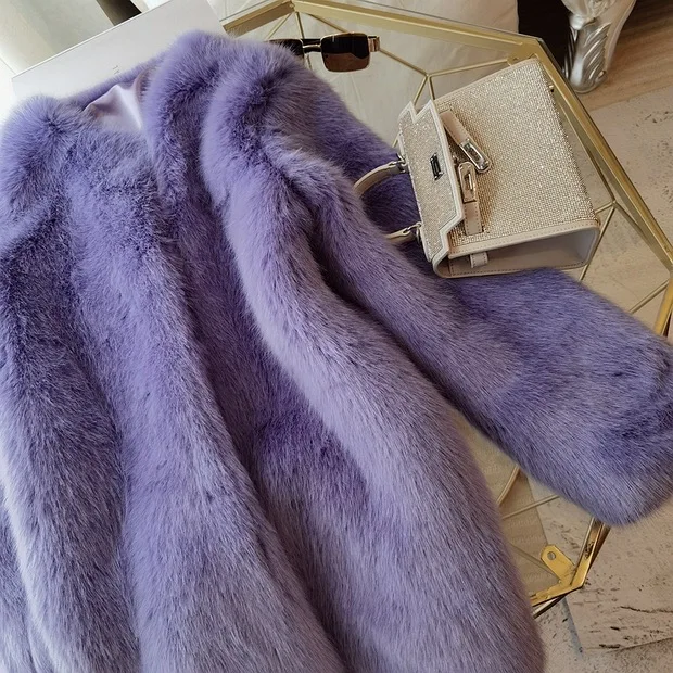 อุ่นผู้หญิงฤดูหนาวHairyสีม่วงขนFaux Foxขนสัตว์แจ็คเก็ตElegantแขนยาวFurry Faux Fur Coat Outerwearหลวม