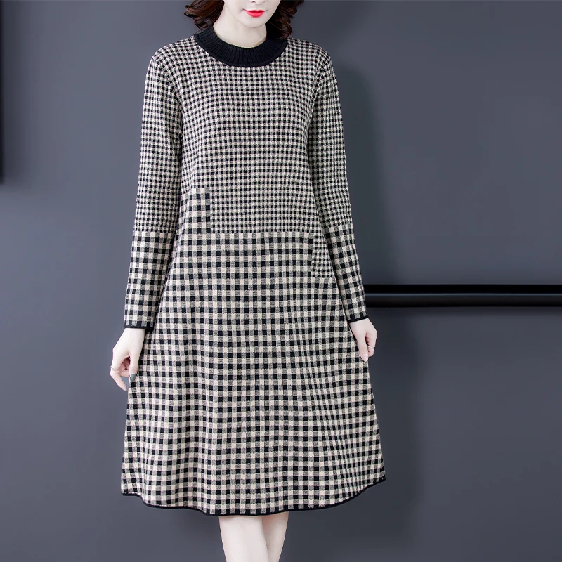 Women Black Bird Lattice Pullovers Autumn Winter Knitted Cotton Thick Warm New Sweater 2024 Korean Vintage Elegant Bodycon Dress