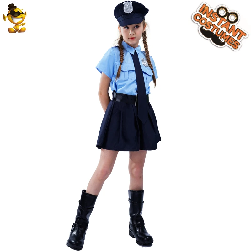 

Girls Police Uniform Costume Kids Cosplay Deluxe Police Dress Clothes for Halloween Children Dress Up Cool Career Outfits Suits