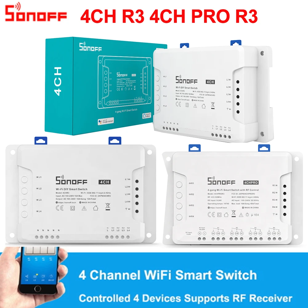 Sonoff 4CH R3 /4CH PRO R3 4 Gang Smart WIFI Switch 433MHZ Montaż na szynie Din Bezprzewodowy pilot zdalnego sterowania Timer DIY Przełącznik Via