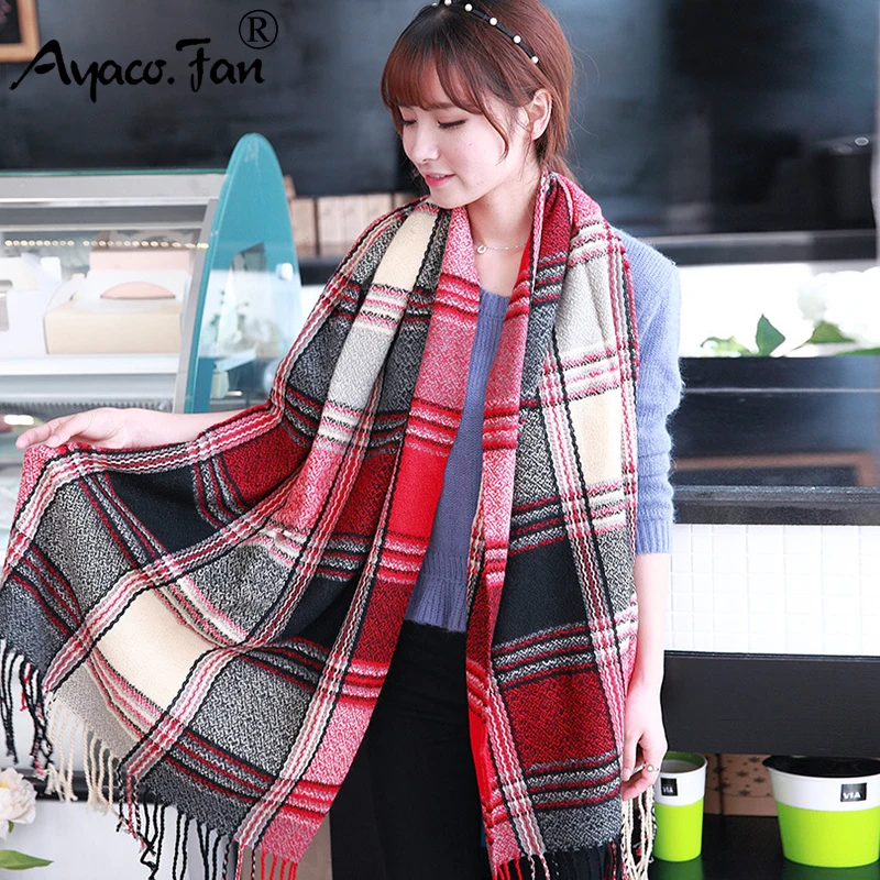 Women\'s 2022 Winter New Plaid Women Scarves Tippet Wraps Ladies Scarf Classic Tassels Solid Warm Neckerchief Shawls Men femme