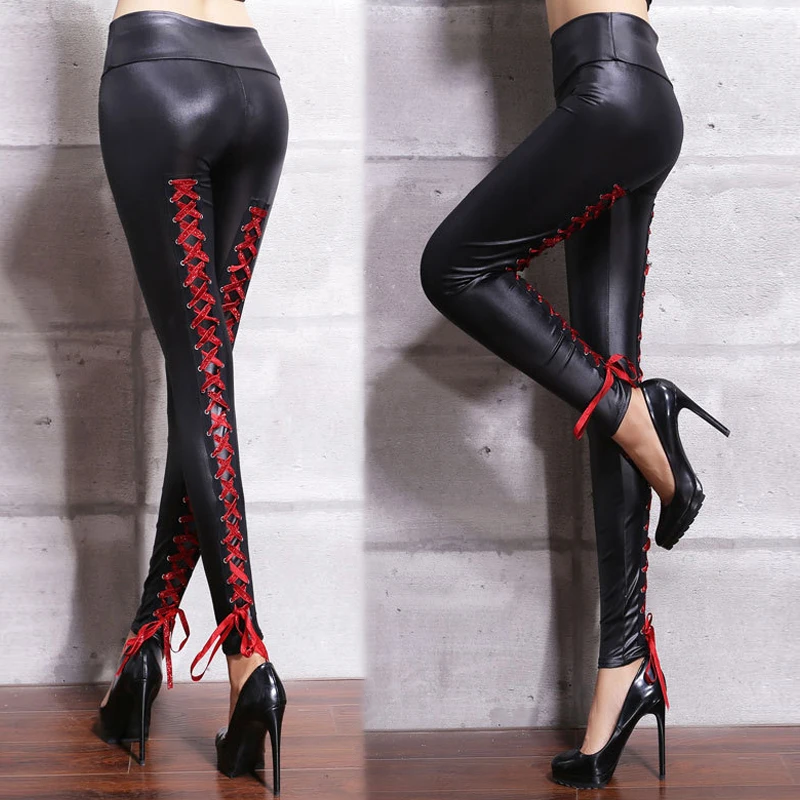 Kobiety Sexy sznurowane Moto Biker leginsy Faux PU skórzane legginsy jesienne spodnie z wysokim stanem bandaż elastyczny elastyczne legginsy