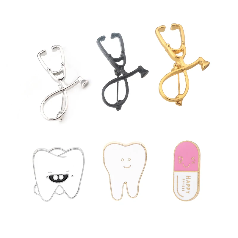 Stethoscope Brooches Tooth Capsule Enamel Pins Medical Jewelry For Doctor Nurse Dentist Gift Denim Shirt Lapel Pins Button Badge